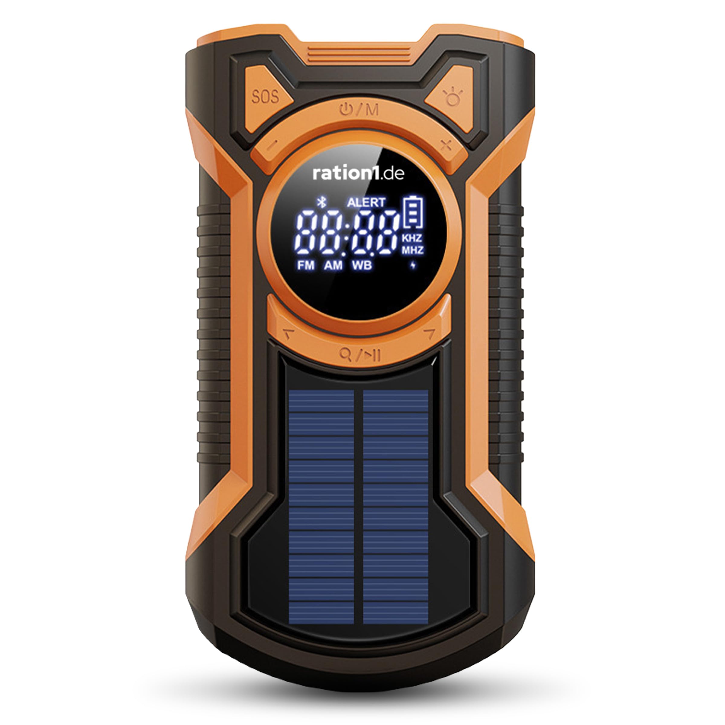 ration1 Kurbelradio mit Solar und Powerbank – Notfallradio mit 5000 mAh, Bluetooth, SOS-Alarm & LED Taschenlampe | AM/FM/WB | IPX5 Spritzwasserfest | Stoß- & Staubgeschützt | Camping Outdoor Blackout