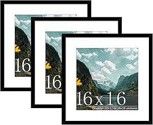 Picrit 16x16 Picture Frame 3 Pack, Black Poster Frame, Display Poster 12 x 12 with Mat or 16 x 16 without Mat for Horizontal or Vertical Wall Mounting