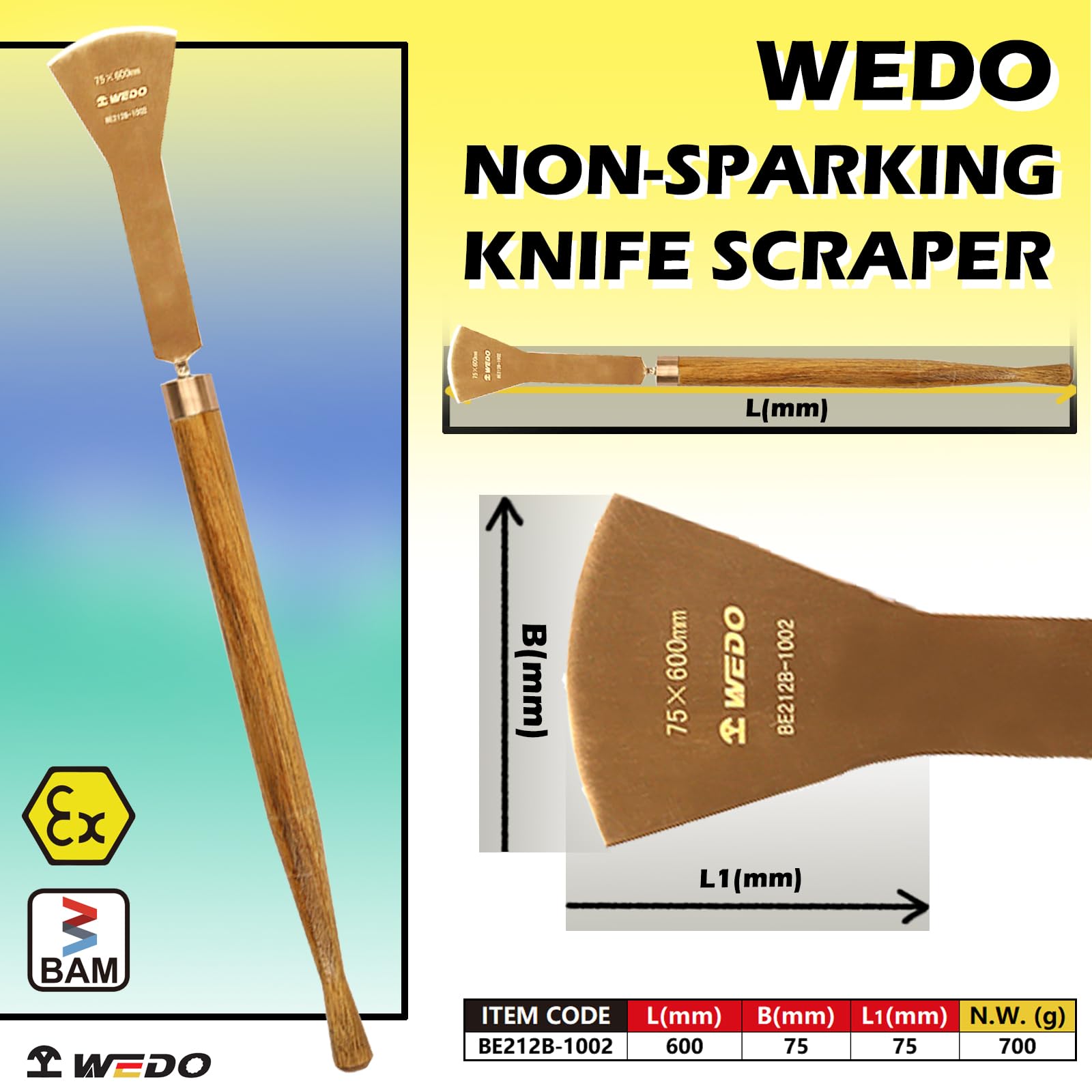 WEDO Raschietto ad arco non scintillante,Lama raschiatore pavimento 75x75mm,Lunghezza 600mm,Coltello per stucco in rame al berillio,Spatola raschietto non magnetico,Certificato BAM/FM, Ampiamente