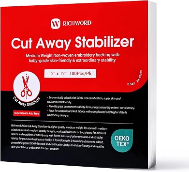 Poolin Embroidery Stabilizer Richword Selected Cut Away Backing for Knits, 2.5 oz Medium Weight, 12" x 12" Pre-Cut Sheets, 100PCS for 5x7 & Larger Hoops