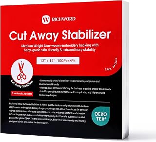 RICHWORD Cut Away Embroidery Stabilizer Backing 12X12 inches 100 Sheets, 2.5 Oz Medium Weight Embroidery Stabilizer for 5x7 Hoops of Commercial and Home Embroidery Machine