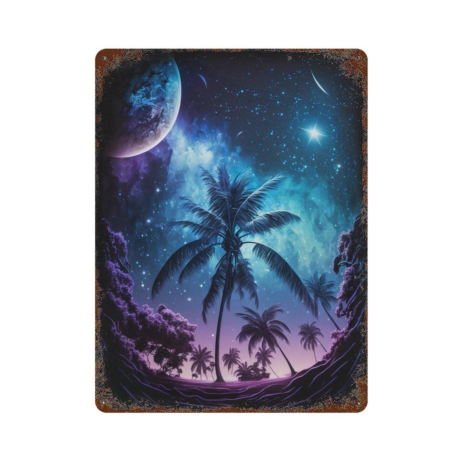 Galactic Palm Paradise -3 Rusty Metal Tin Sign 15.7"x11.8", Shabby Chic Decor for Garage, Bar And Workshop Decor