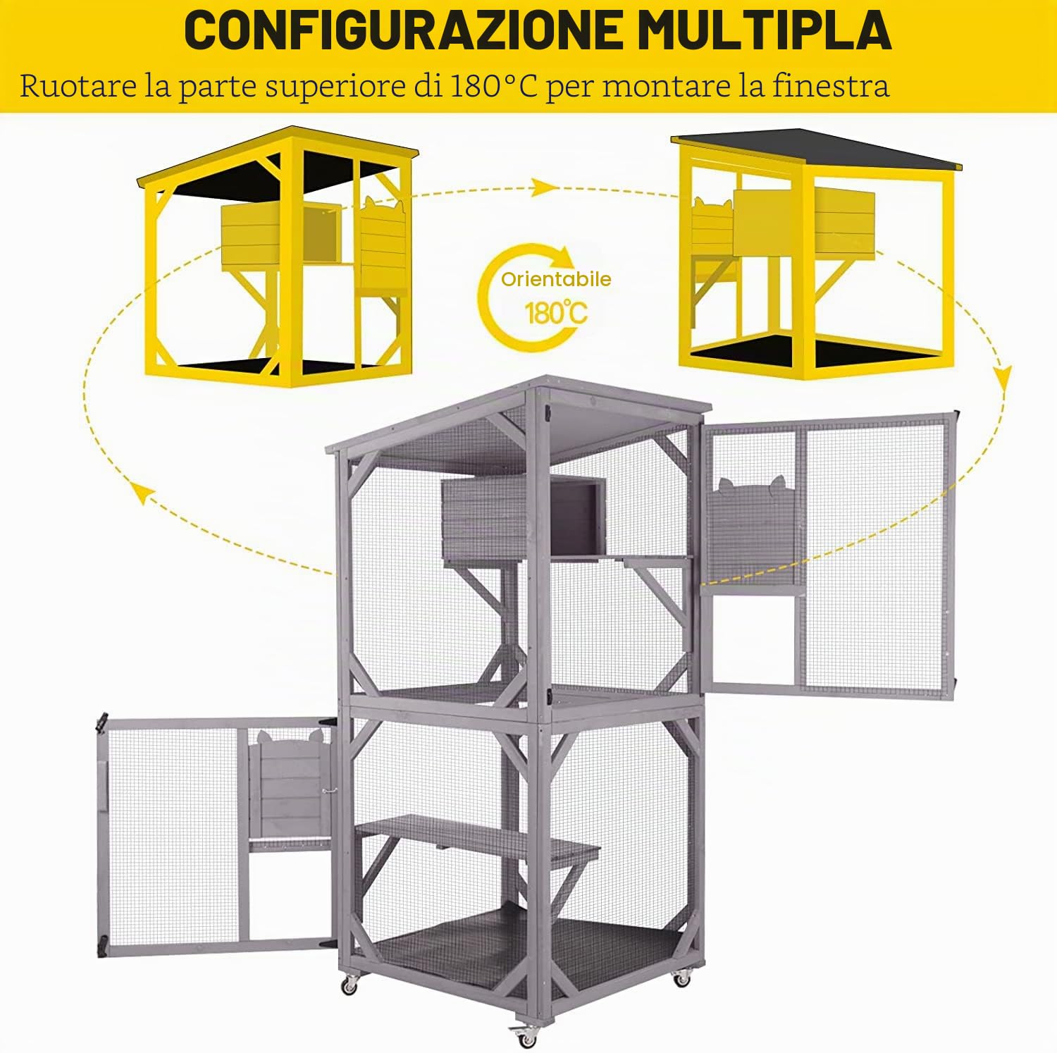 Casetta per gatti in legno per interni ed esterni, grande gabbia per gatti su ruote, gabbia Catio con striscia di legno rinforzata, tetto impermeabile
