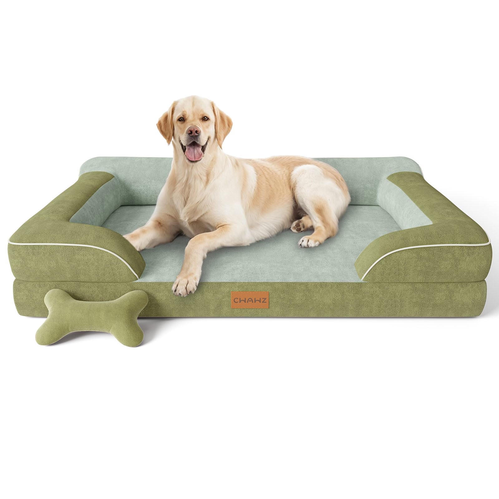 CWAWZ Jumbo Dog Beds for Extra Large Dogs, Orthopedic Dog Bed with Cooling Gel Memory Foam, Waterproof Pet Bed with Removable Washable Cover, 114x89x24cm Pet Sofa Velvet with Bone Toy, Dark Green