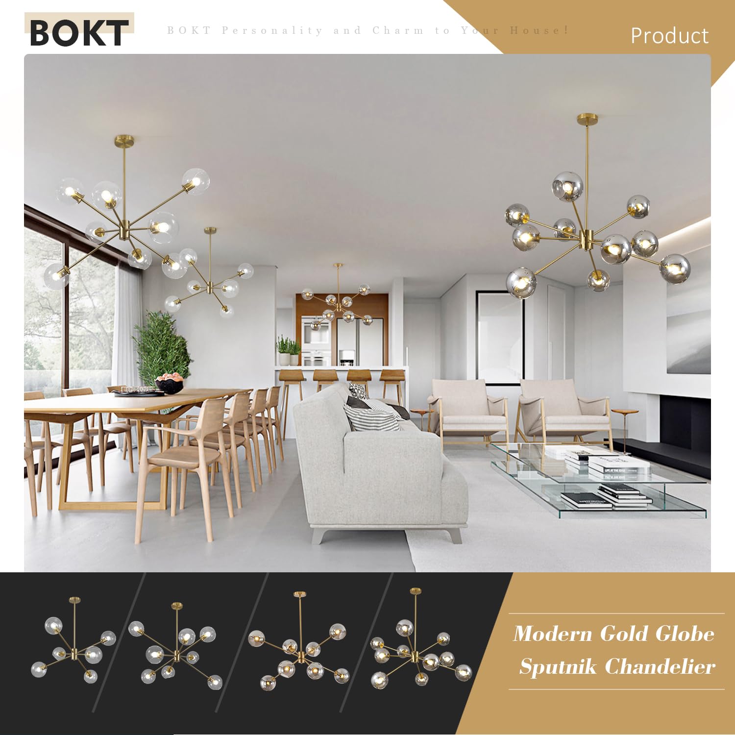 Snapklik.com : Modern Vintage Globe Sputnik Chandelier Gold Smoked Gray ...