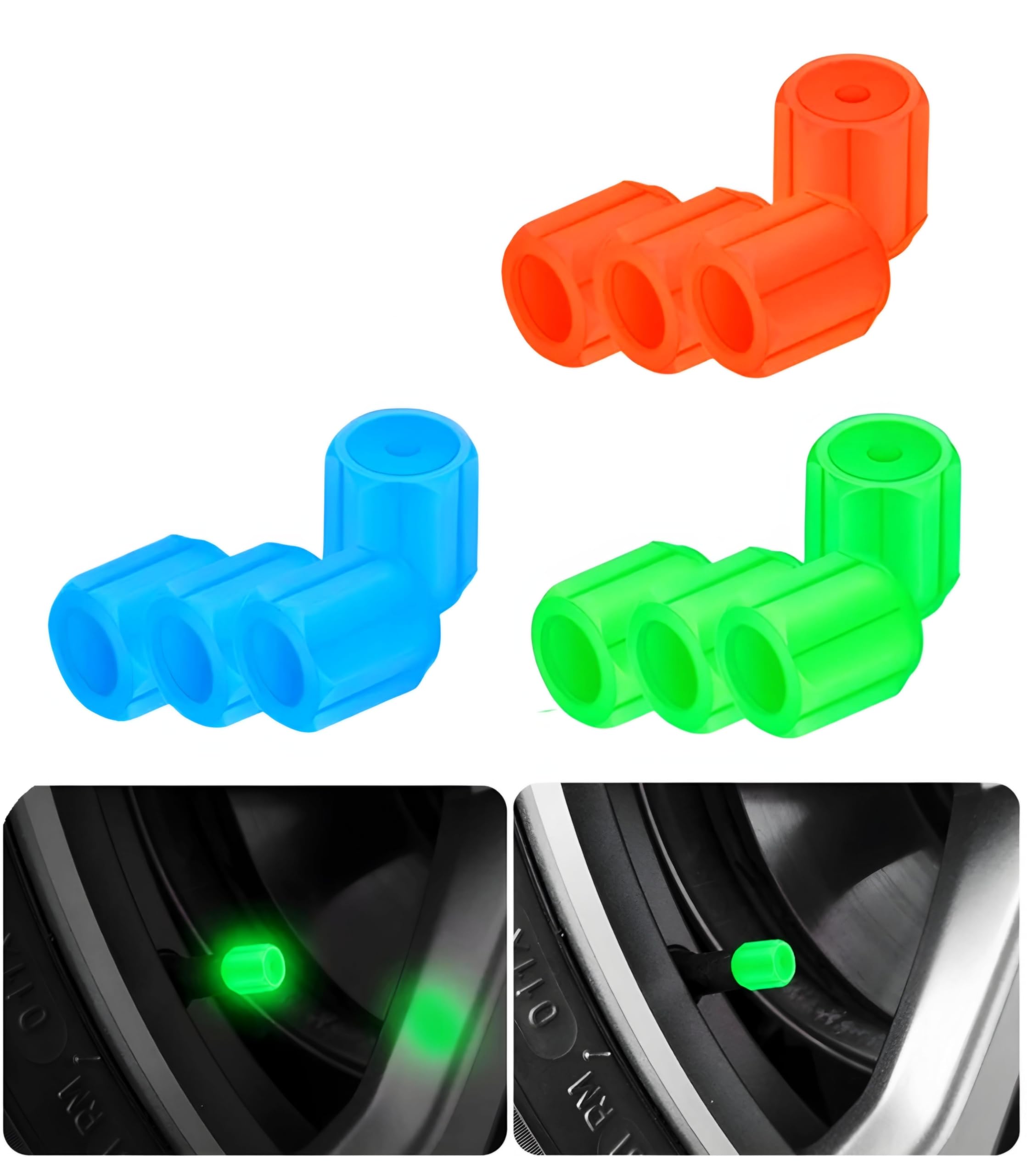 Kyrotech 12 Adet Floresan Karanlıkta Parlayan Oto Araba Sibop Kapağı Tüm Araçlara Uyumlu Fosforlu 3 Farklı Renk Mavi Kırmızı Yeşil Toz Geçirmez Motorsiklet SUV Kamyon Supap Kapağı Oto Aksesuarları
