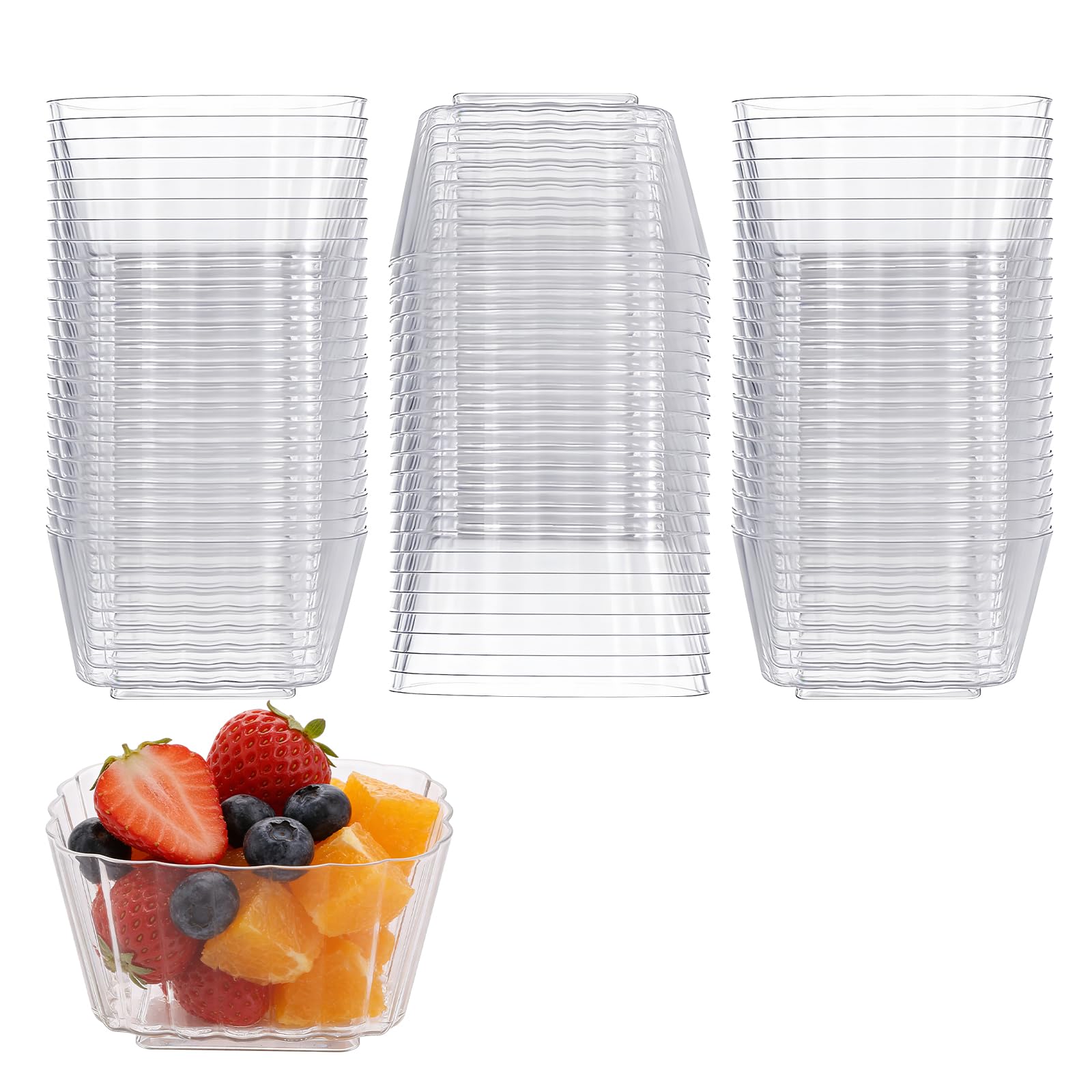 ASelected 50 Pcs Plastic Dessert Cups, 150ml Ribbed Dessert Bowls for Parties, Clear Fluted Appetizer Cup for Puddings, Desserts and Parties(8.3 x 6.3cm)