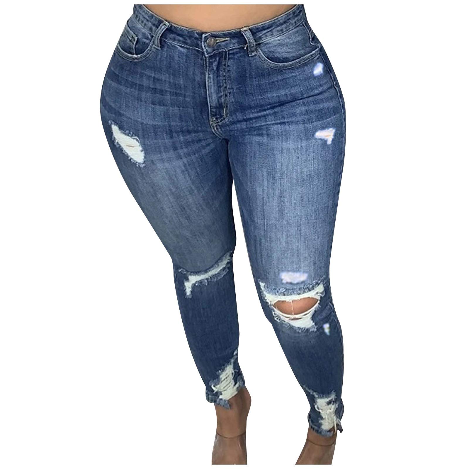 Womens Ripped Mid Waisted Jeans Fitted Comfy Distressed Stretchy