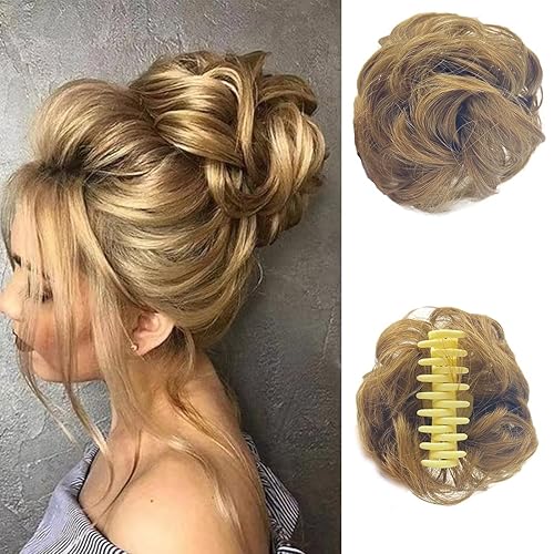 Extensiones de cabello sintético con clip de garra, rizado, ondulado, desordenado, sintético, para mujer, postizo recogido (mezcla marrón y rubio)