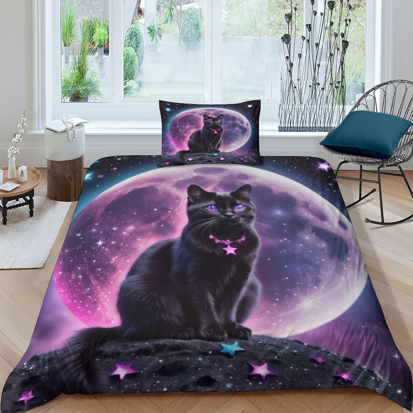 Housse de couette chat céleste 3D en microfibre premium 135x200 cm pour un confort durable