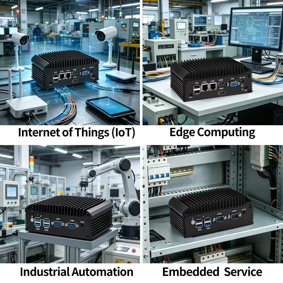 Industral Mini PC Fanless Low Power N100, Micro Embedded PC DDR4 0GB RAM 0GB SSD Barebone, WIFI/BT, Small Box Computer with 2 x RS232/422/485 COM, 2 x GbE LAN