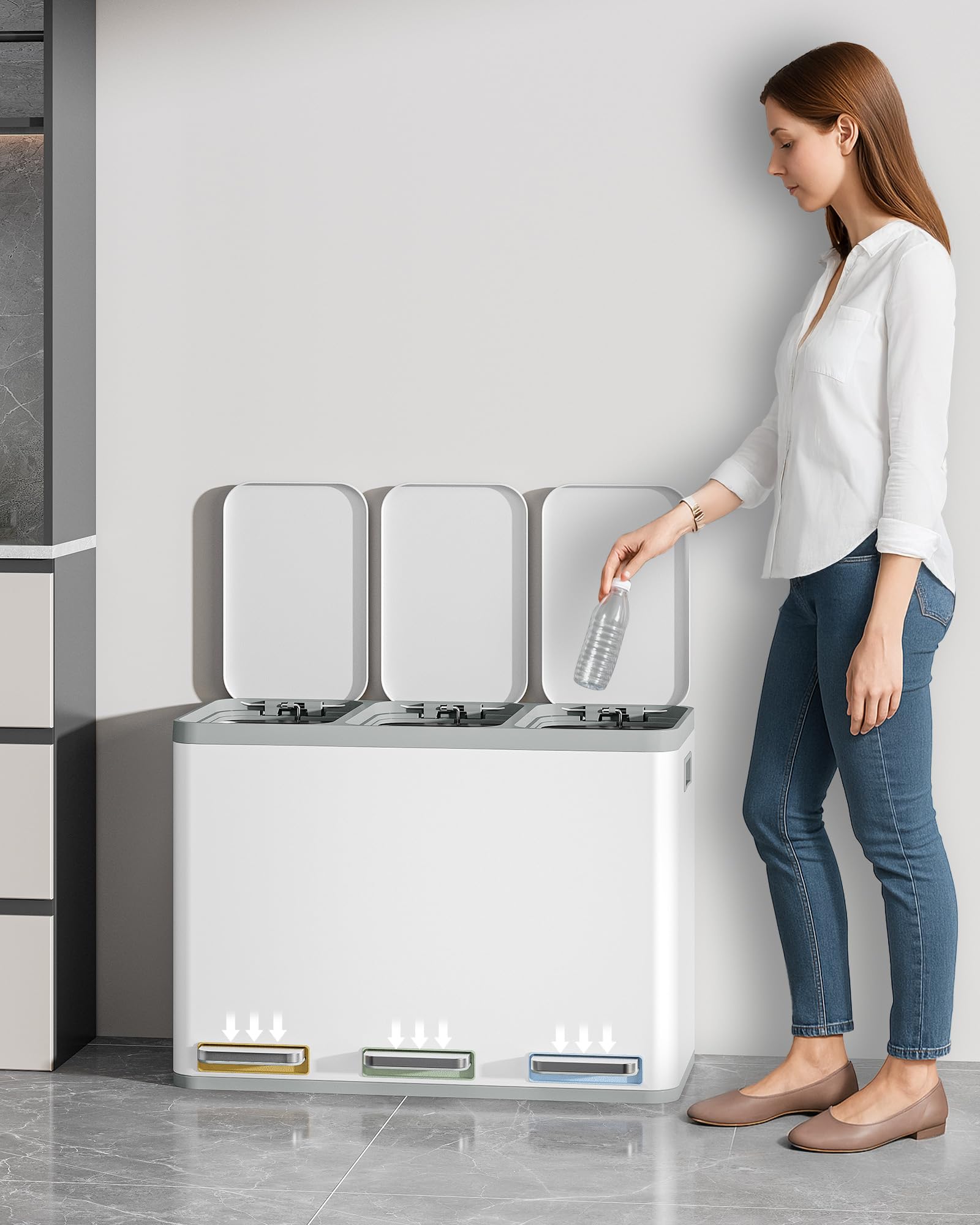 Hzuaneri Cubo de Basura para Reciclaje, Cubos de Reciclaje Cocina con Pedal 3 x 15 L, Contenedor de Acero Inoxidable con Cubos Extraíbles y 1 Rollo de Bolsas de Basura, Blanco SW04599W