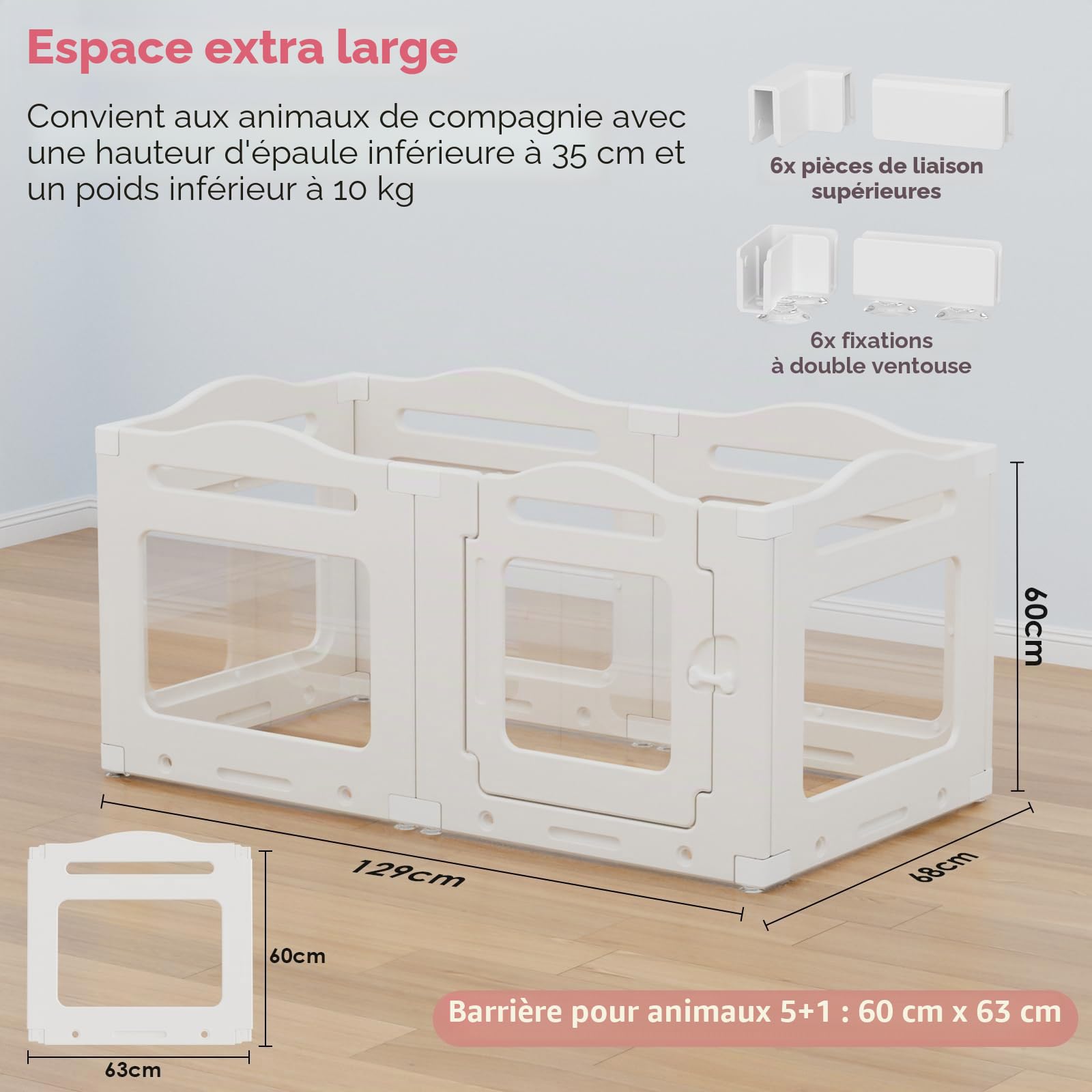 Clevich Enclos pour Chien en Acrylique 129 × 68 × 60 cm, 5 PCS +1 Panneaux avec Porte à Verrou, Clôture d'Intérieur Parc Chien Interieur, Pliable avec Ventouses, adapté aux Appartements, Blanc