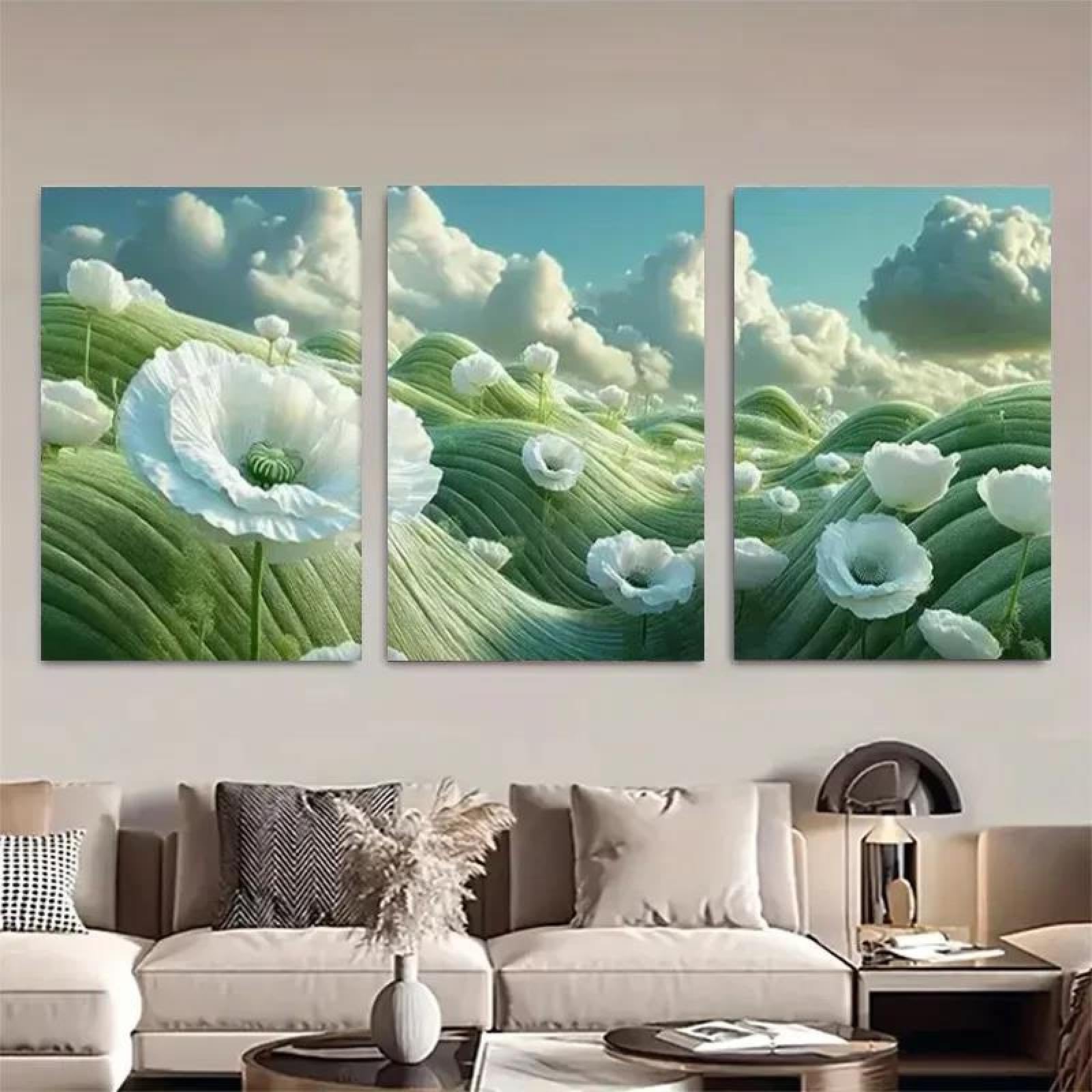 Yocheng 3pcs Minimalist White Poppies On Green Fields & Blue Sky Canvas Wall Art Set -Triptych Landscape Pain 60x80cmx3 No Frame