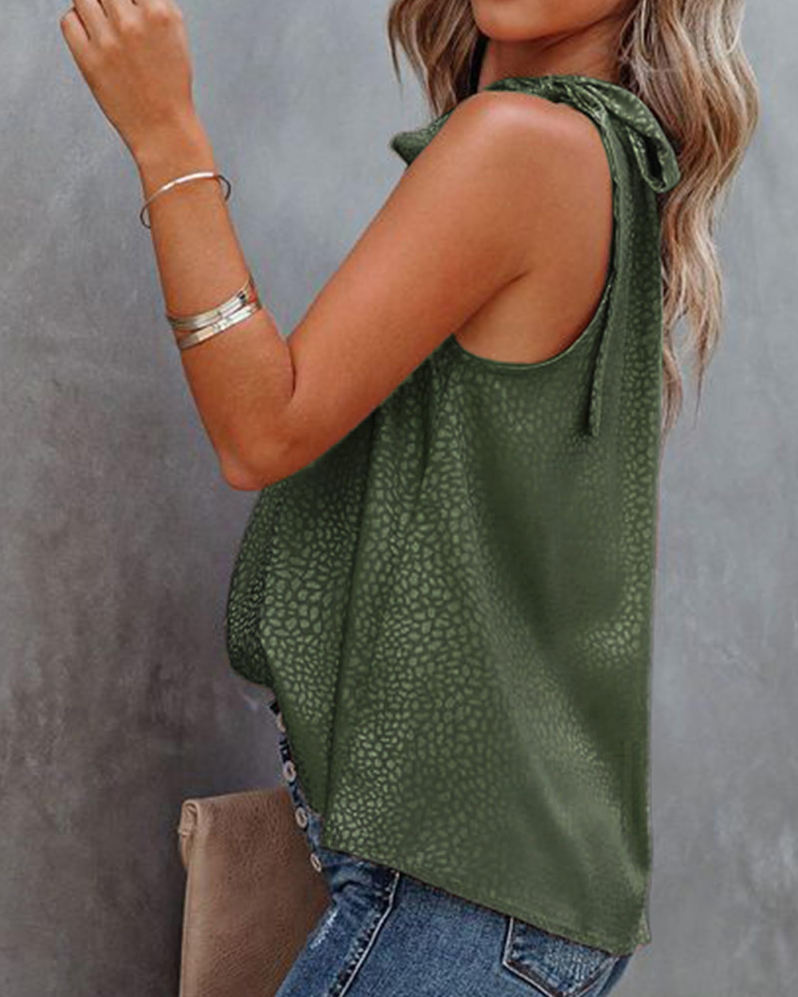 BTFBM Women Sleeveless Tie Mock Neck Summer Tops Loose Casual Side Bow Satin Halter Tank Top Blouse Shirts