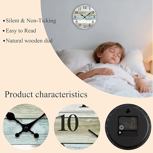 Miniatura 2 de Reloj de pared silencioso sin tictac de madera, funciona con pilas, 12 pulgadas, pequeño, rústico, estilo retro, rústico y de playa, decorativo para