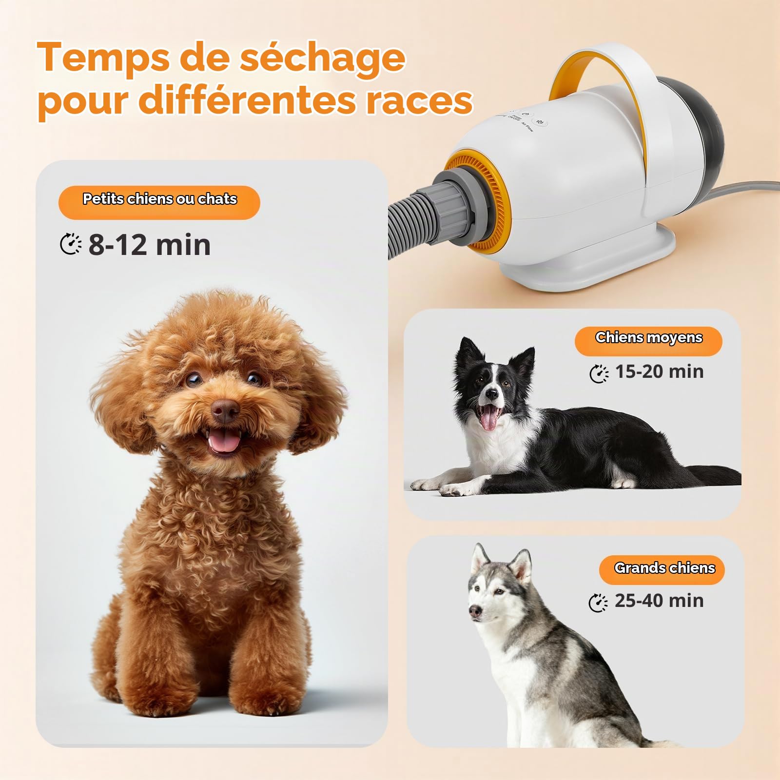 Sèche-chien 3200 W pour animaux de compagnie avec 7 vitesses, souffleur avec 4 embouts, sèche-cheveux pour chien avec fonction air chaud et froid, kit de toilettage pour chiens et chats