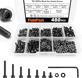 FullFun 480PCS M3 x 4/6/8/10/12/16/20mm Hex Socket Head Cap Screw Bolts Nuts Assortment Kit, 12.9 Alloy Steel Metric Screw...