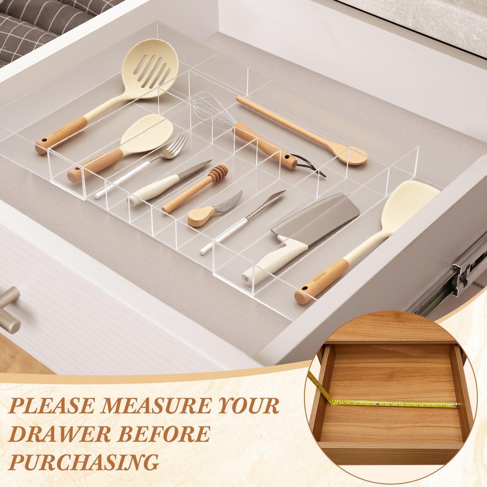 Teenyyou Organisateur de tiroir de cuisine extensible en acrylique transparent, organiseur d'ustensiles réglable en acrylique pour tiroirs de cuisine, couverts et couteaux (9 à 11 compartiments, 47,7