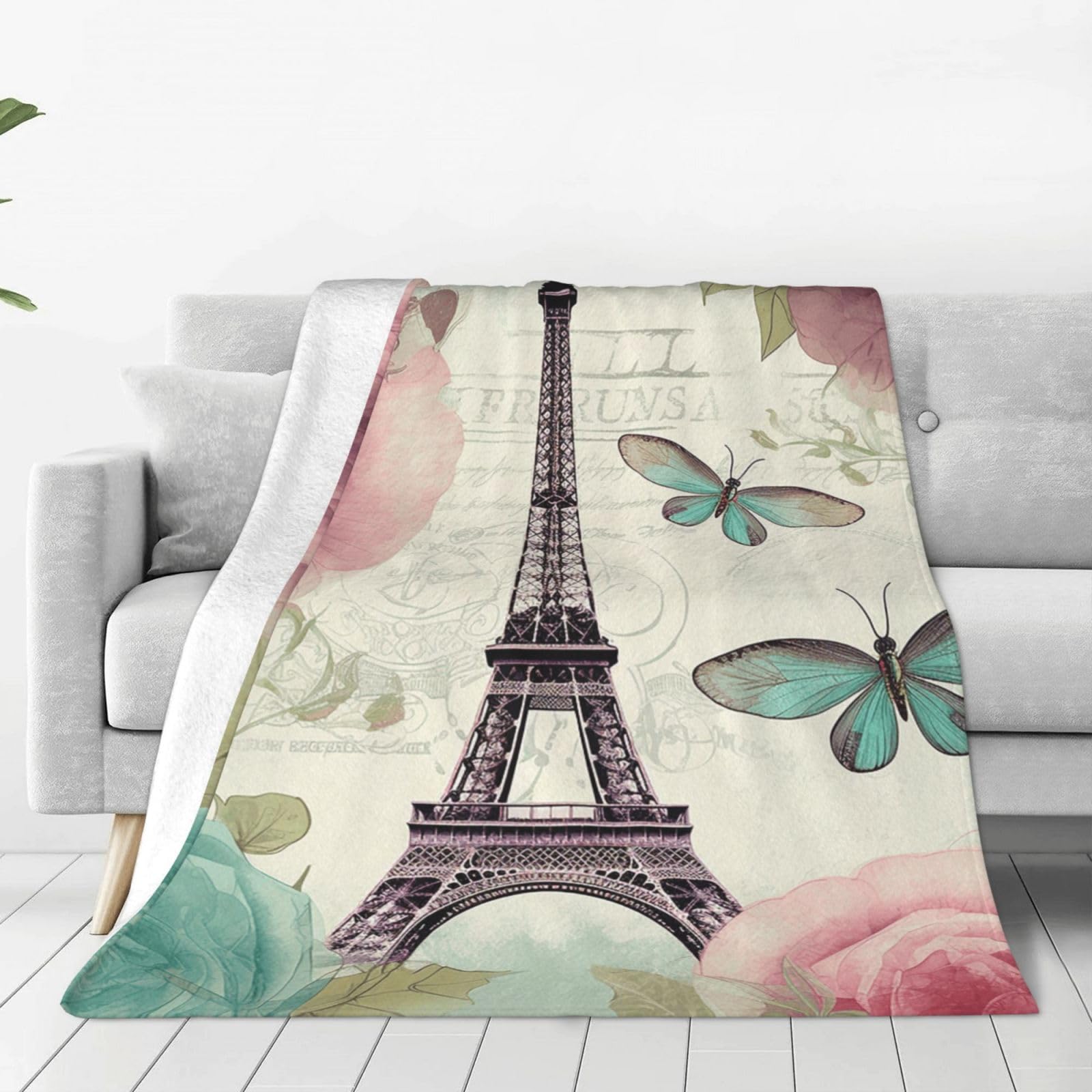 Retro Dragonfly French Tower Throw Blanket for Couch, Plush Fuzzy Soft Flannel Blankets and Throws for Sofa, 60"x50" Bed Blankets for Travel Camping Chair, All Season Warm Fleece Blanket