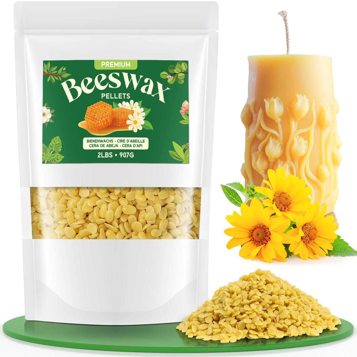 NORVENCE Bienenwachs Bio für Kosmetik, Gelbes Bienenwachs Pastillen 907g, Kerzenwachs für die Kerzenherstellung, Reines und natürliches Bienenwachs für Hautpflege, Lippenbalsam, Polieren und Lotion