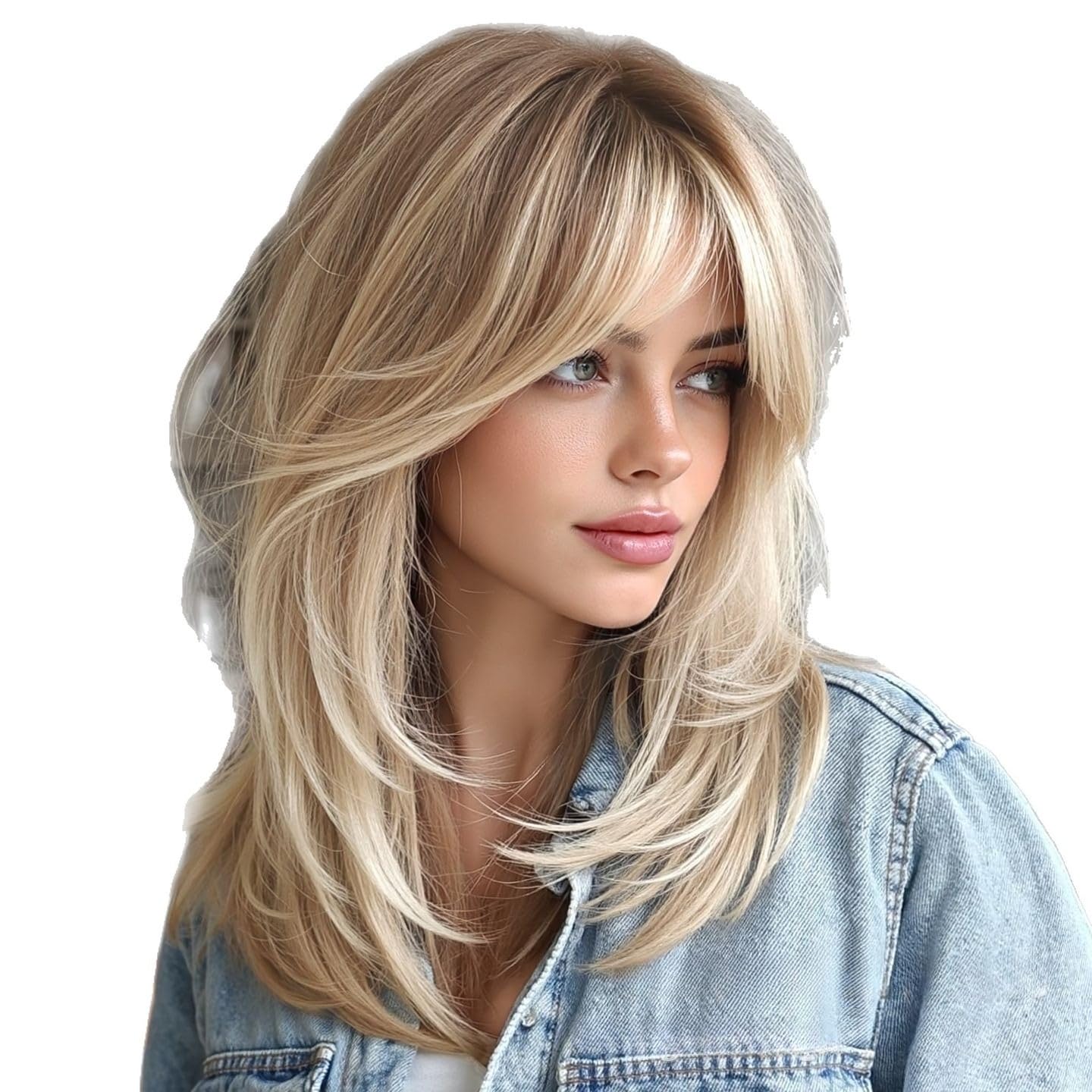 Layered Straight Brown Ombre Wigs Human Hair with Curtain Bangs for Women Real Hair Wig Lightweight Glueless for Daily Use and Outings (Ash Blonde,16 Inch)