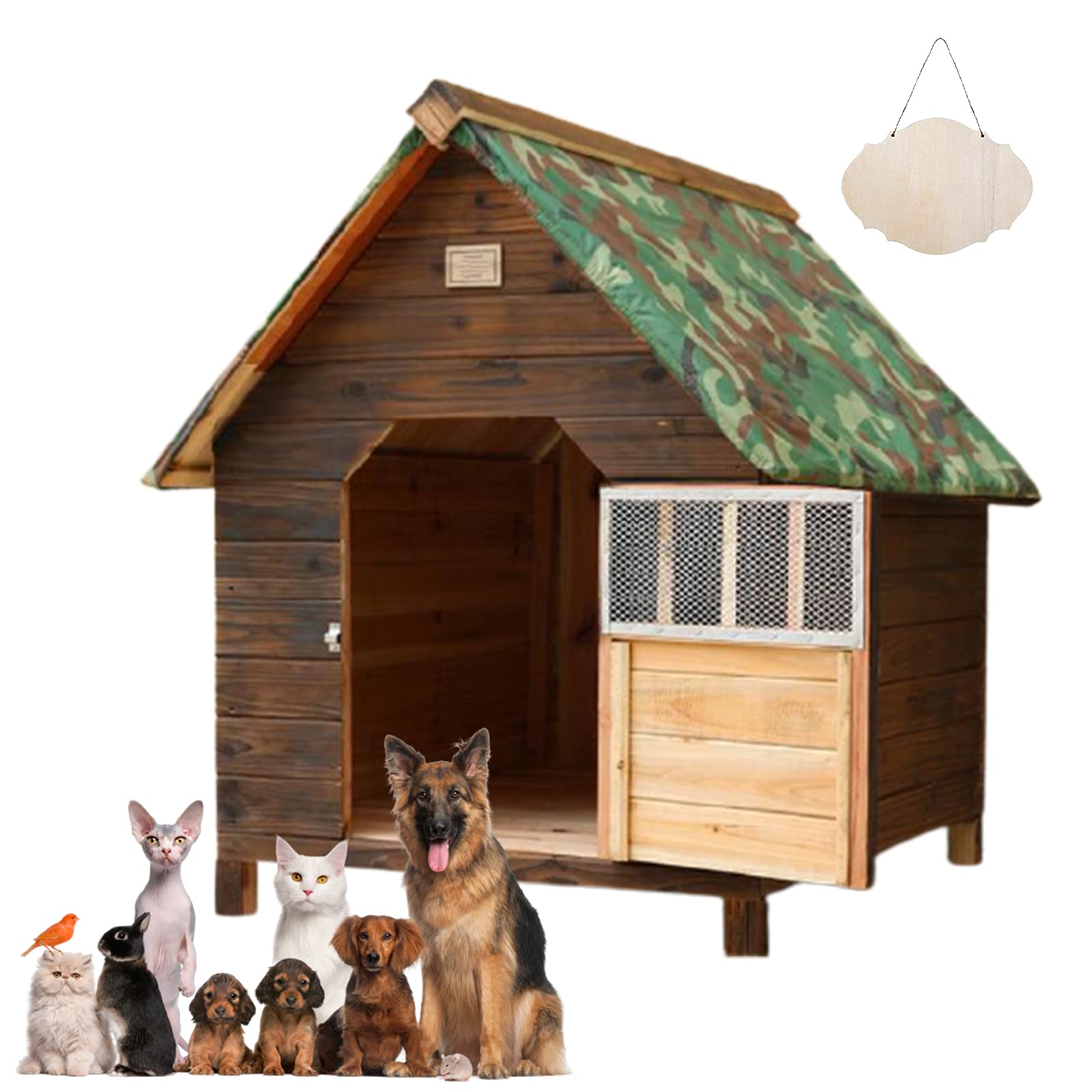 Casa de Perro Grande Exterior, Caseta para Perros Exterior Mediana/Pequeños, Caseta para Perros Exterior con Puerta, Casa Perro Madera, Casitas para Gatos Exterior Impermeable(Size:99*92*95cm)