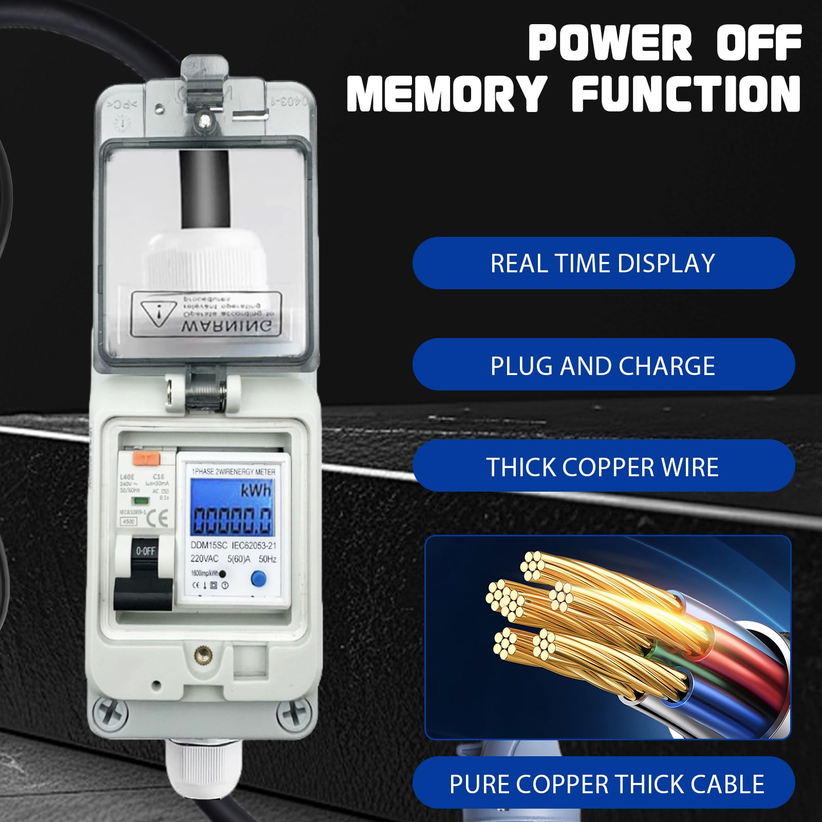 Compteur électrique numérique mobile 230 V 16 A pour prise de courant avec disjoncteur FI type A, IP44 CEE 3 broches 16 A mâle vers prise CEE 16 A, boîtier de compteur électrique IP67