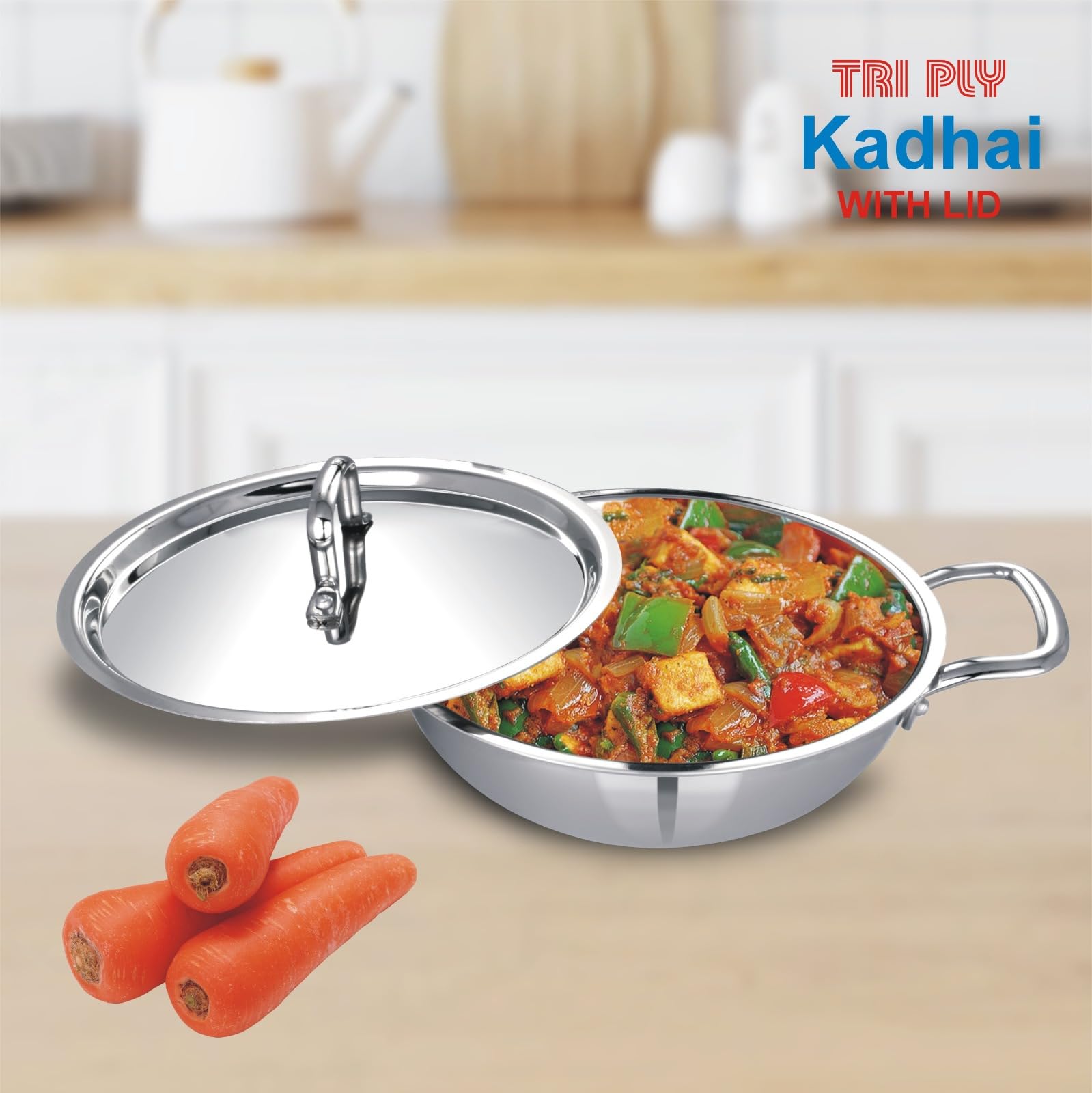 Human Hydro Triply Stainless Steel Kadai (24CM/2.8L) with Lid | 3-Layer Steel–Aluminium–Steel | Induction & Gas Compatible | Easy to Clean | Heavy-Duty for Frying & Curries 3