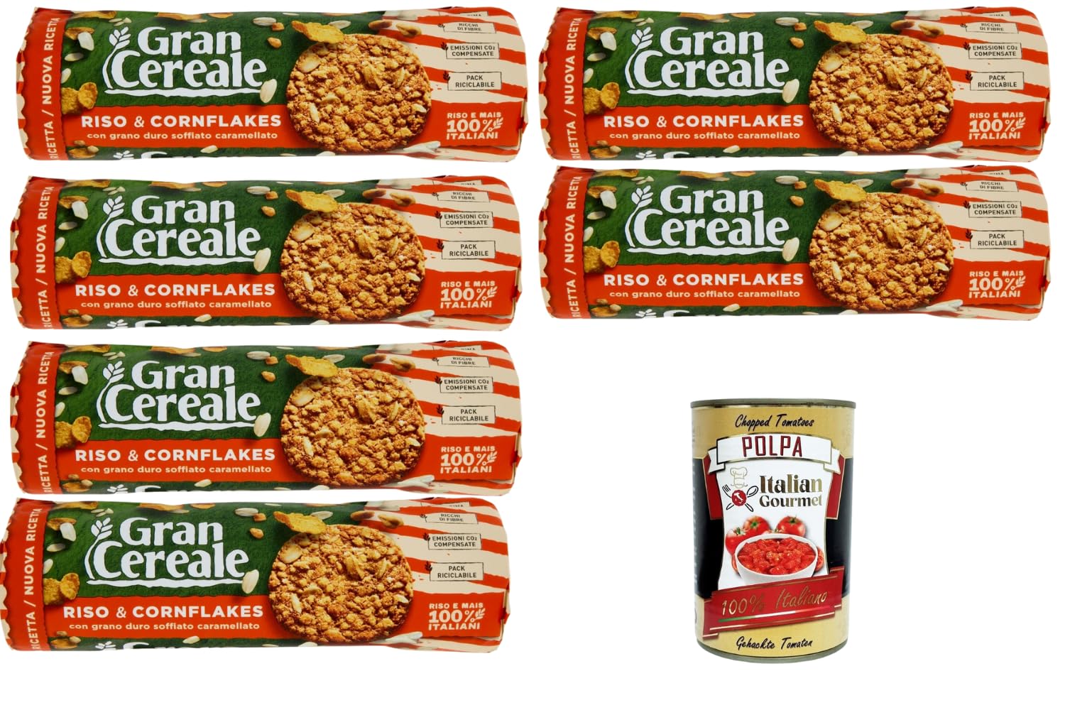 Italian Gourmet Lot 6x Gran Cereale Biscuits Riso & Cornflakes 230g – Biscuits Céréales Croquants au Riz & Maïs, Idéal Petit-Déjeuner & Snack, Goût Caramélisé, Format Familial + Italian Gourmet Polpa
