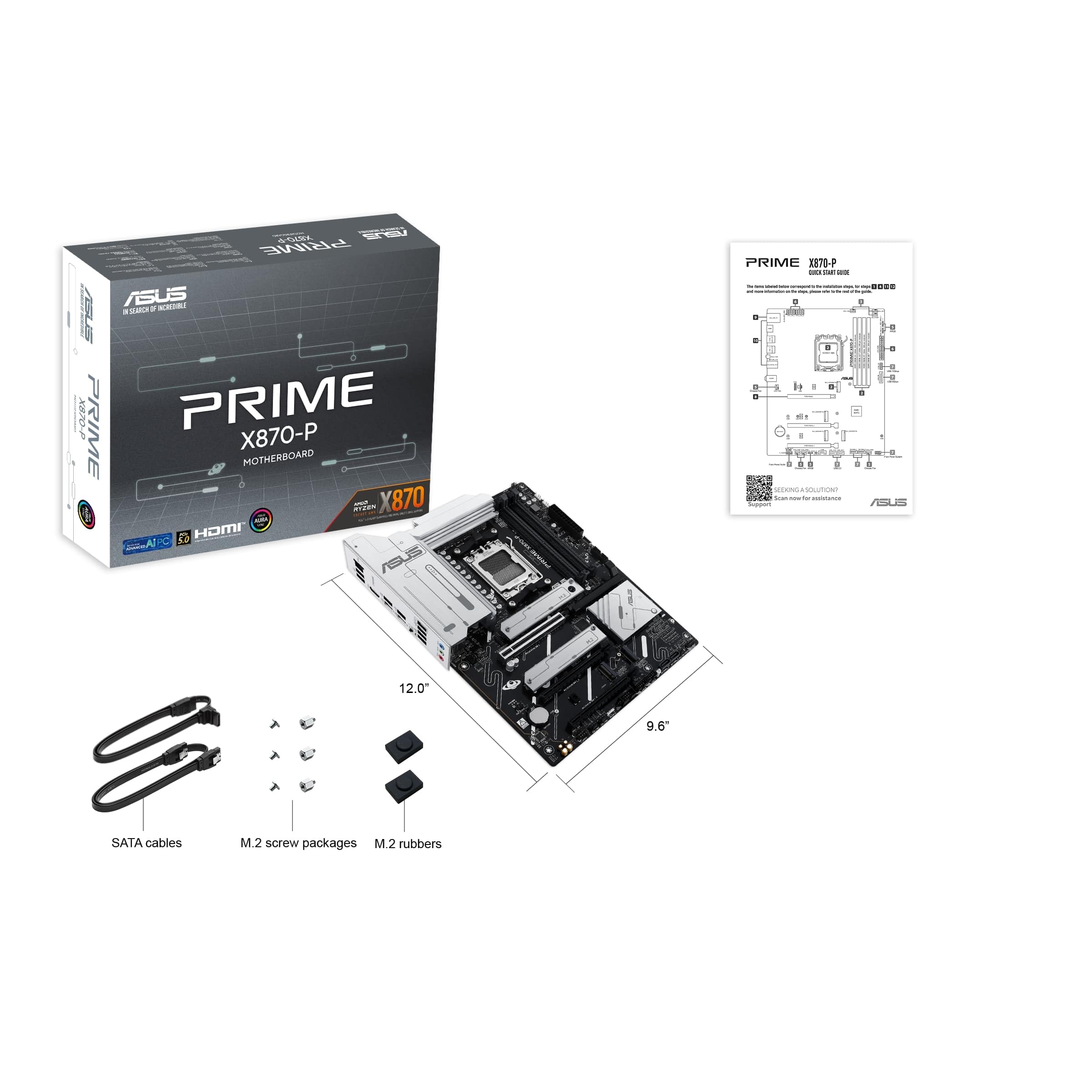 ASUS Prime X870-P – Carte mère Gaming AMD Ryzen AM5 X870 ATX (DDR5, 14+2+1 (80A) DrMOS, PCIe 5.0, 4 x M.2, USB 40Gbps Type-C, HDMI, Aura Sync RGB)