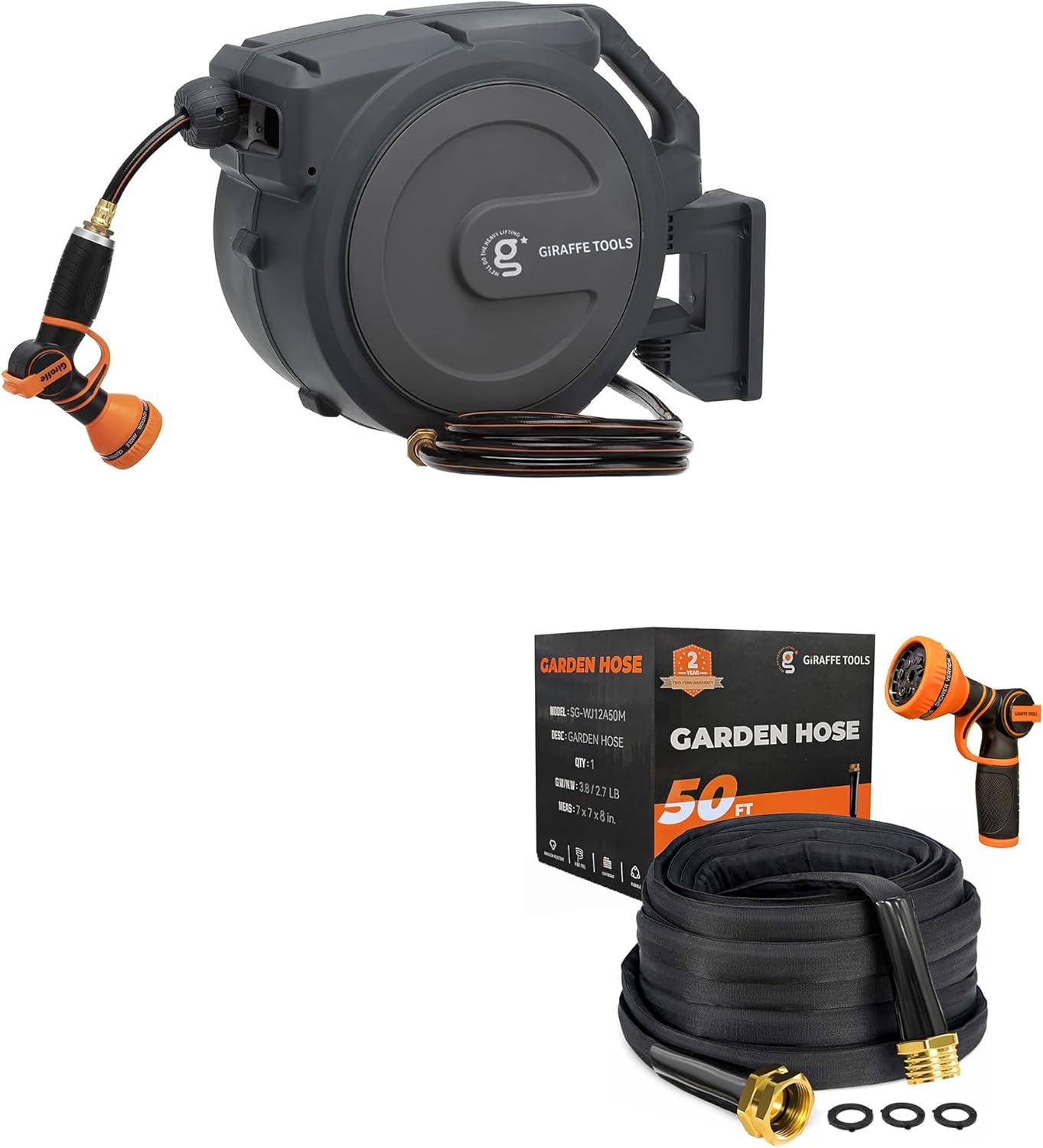 Giraffe Tools Hose Reel 1/2‘’ 78ft,Heavy Duty Retractable Garden Hose Reel with180 Deg Swivel Bracket and Garden Hose 50FT x 5/8” Lightweight Lay Flat Water Pipe with 9 Spray Function Nozzle