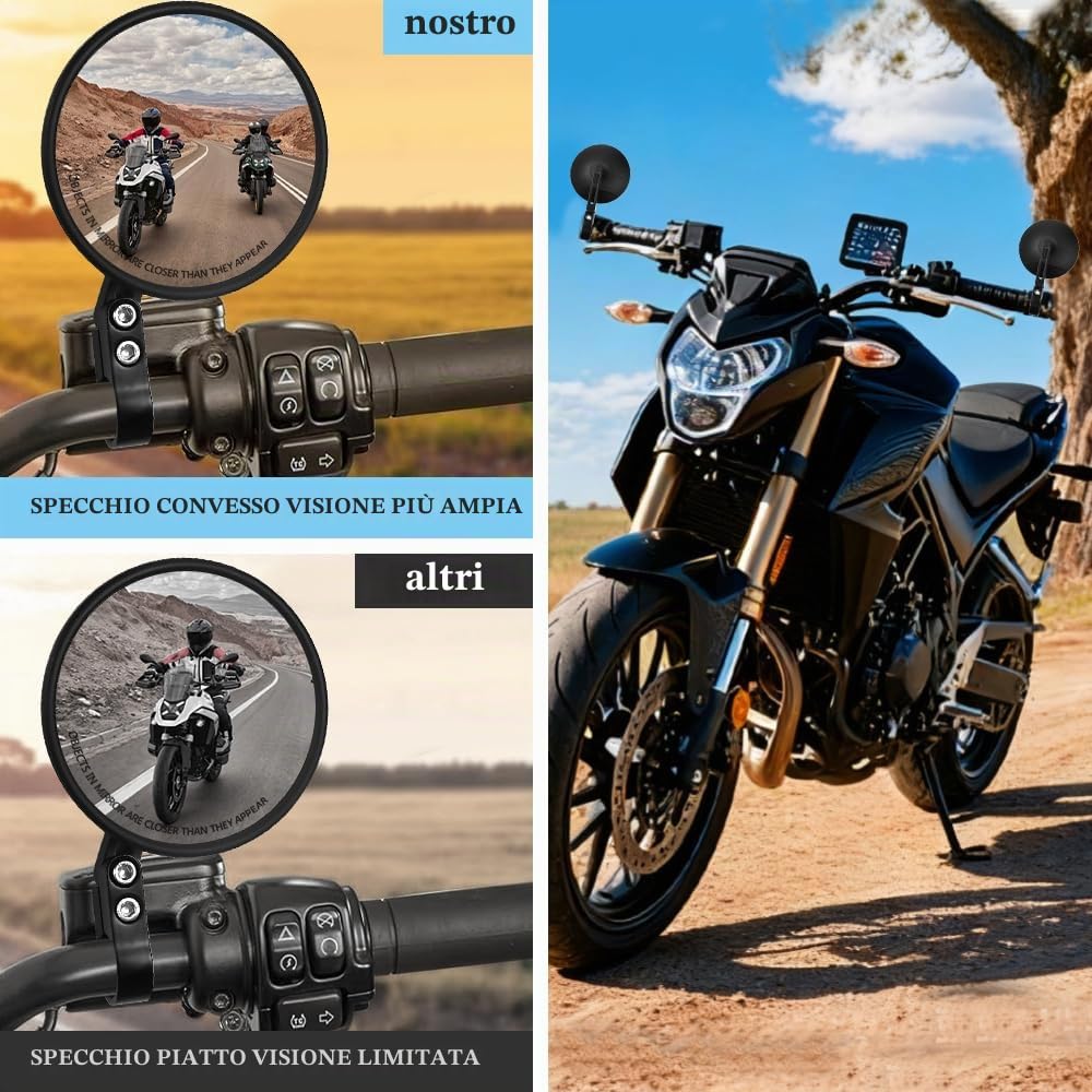 2 Pz Specchietti Moto E24 Omologati Specchietto Laterali Moto Specchietto Retrovisore Manubrio 22-25mm Rotondi Specchie tti Mot o Manubrio Girevole a 360° per Motocicli, Scooter, ATV, Cruiser