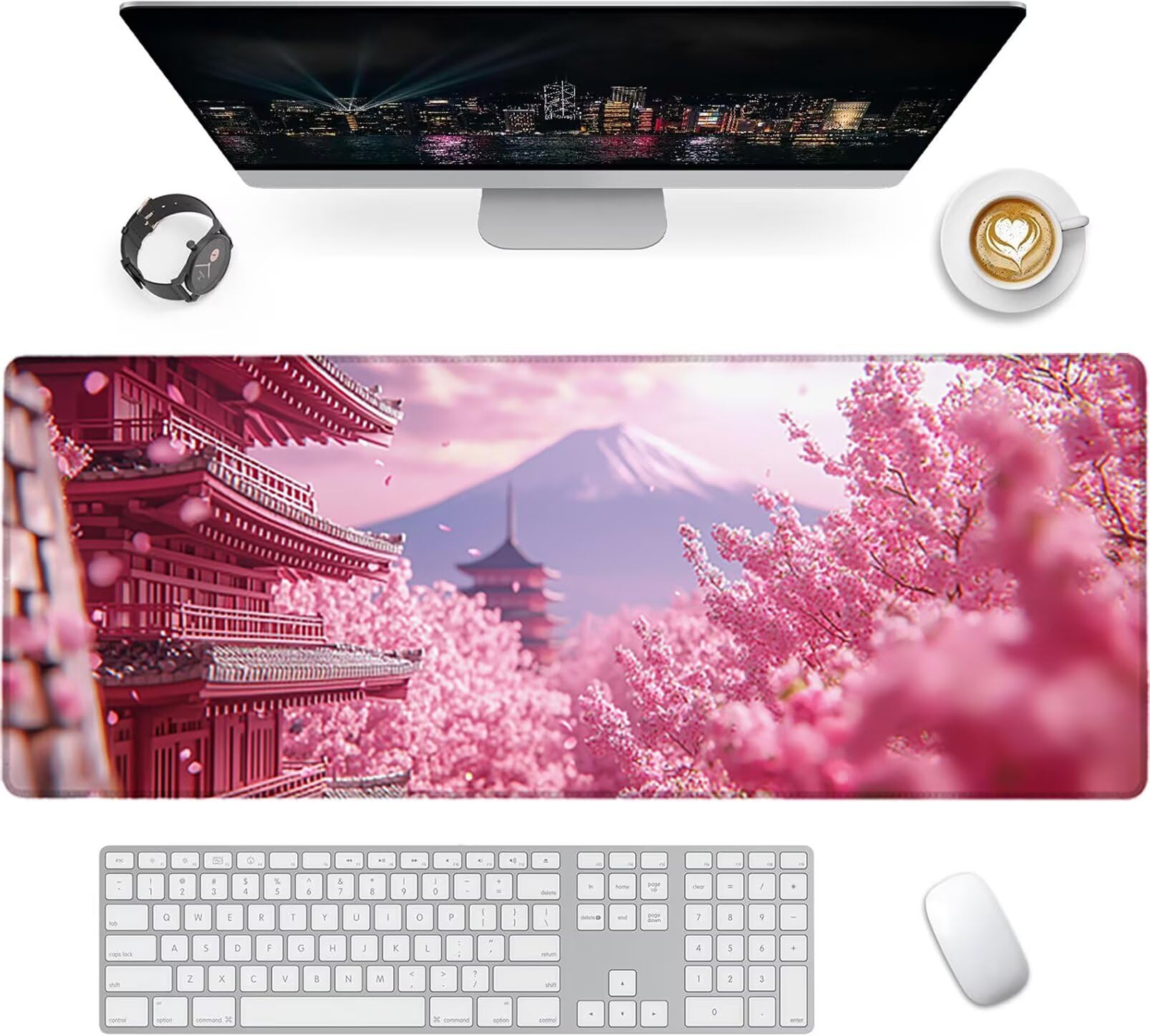 Lpfieonn Kirschblüten Großes Schreibtischunterlage, XXL Schreibtischunterlagen, Landschaft XXL Gaming Mousepad mit Vernähter Rand und Rutschfeste Gummibasis, für Hause/Büro 120x60cm PF-2759