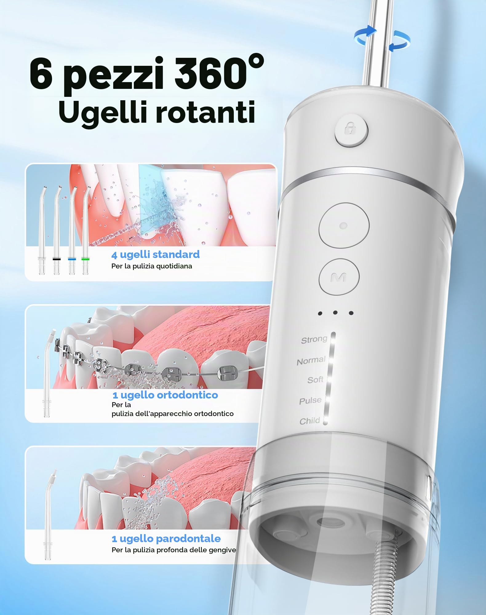 Bezvoi Idropulsore Dentale Portatile Senza Fili, 180ml Irrigatore Orale con 5 Modalità, IPX7 Impermeabile, Ricaricabile, Facile da Usare, Pulizia Profonda per Denti e Gengive, Blanc