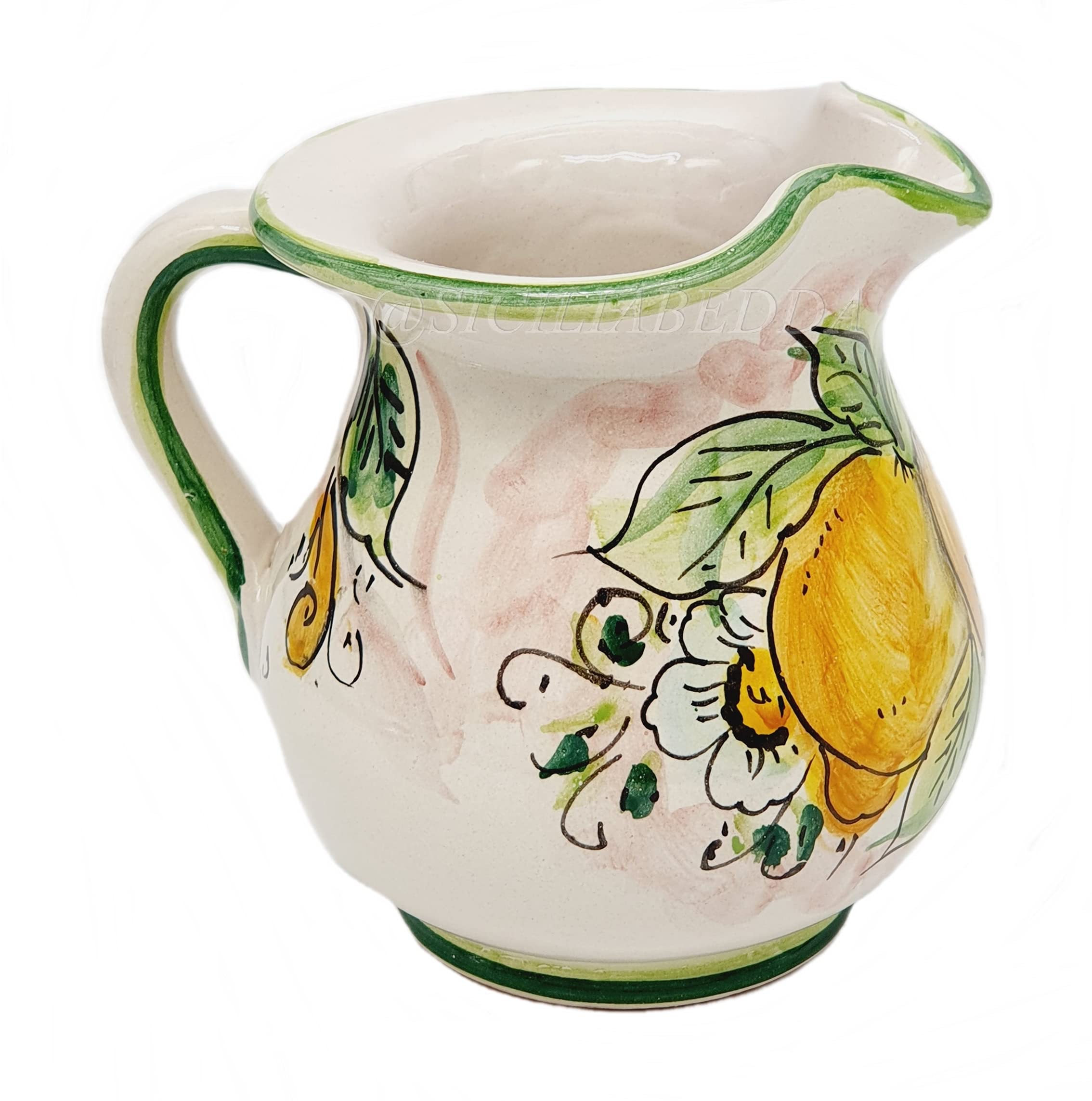 Sicilia Bedda - Brocca Siciliana in Ceramica di Caltagirone - Elegante complemento d'arredo realizzato interamente a Mano (Mezzolitro, Limoni)