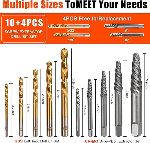 Miniatura 5 de Juego de 14 extractores de tornillos y brocas de mano izquierda para quitar pernos rotos, juego de extractor de tornillos fácil de sacar,