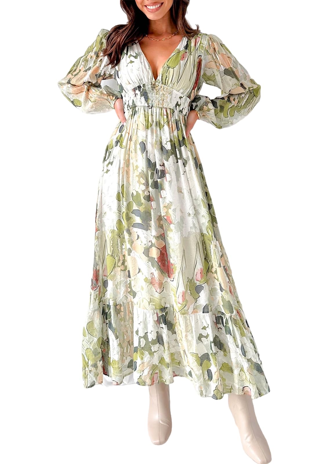 Sissyaki Women's Long Sleeve Boho Floral Maxi Dress Smocked Beach Flowy ...