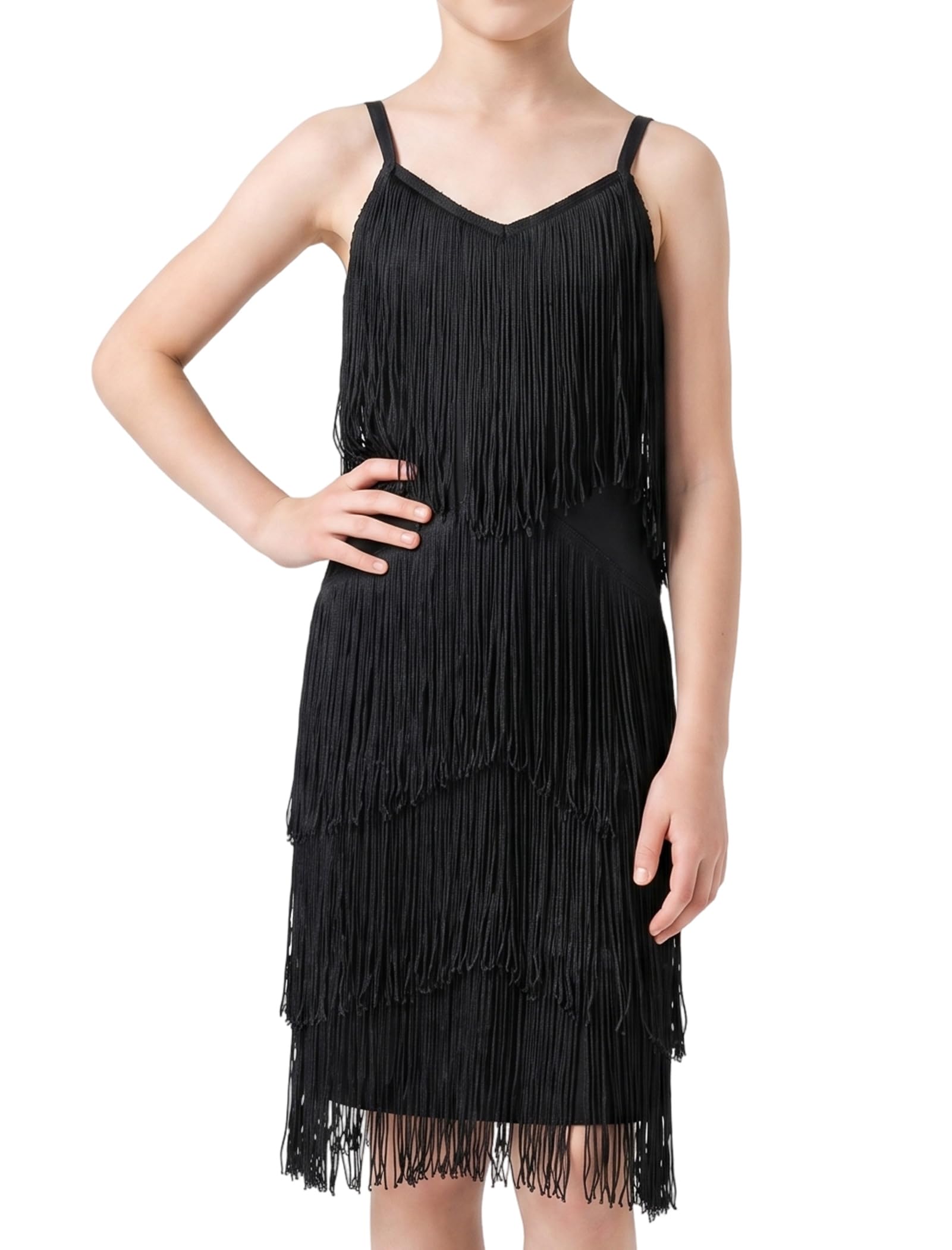 Latein-Tanzkleid für Mädchen, Fransenquaste, Ballsaal, Tanzkleidung mit verstellbaren Trägern, V-Ausschnitt, rückenfreies Kleid für Cha Cha, Samba, Rumba, Tangos und Tanzwettbewerbe