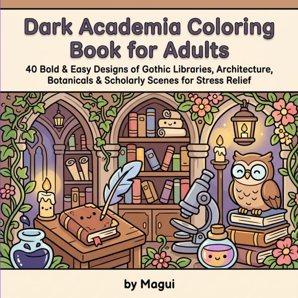 Dark Academia Coloring Book for Adults: 40 Bold & Easy Gothic Designs of Libraries, Architecture, Botanicals & Scholarly Scenes for Stress Relief and Relaxation