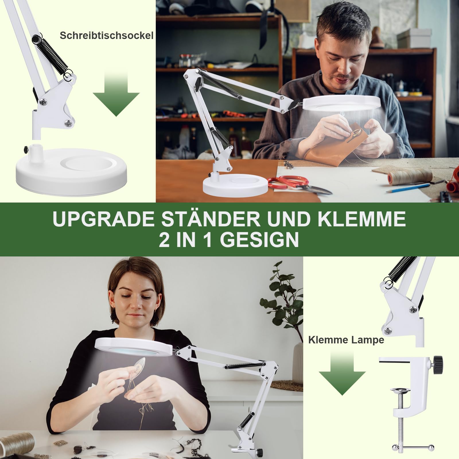 10X Lupe mit Licht und Ständer LED Lupenleuchte, Stufenlos Dimmbar, Weiß