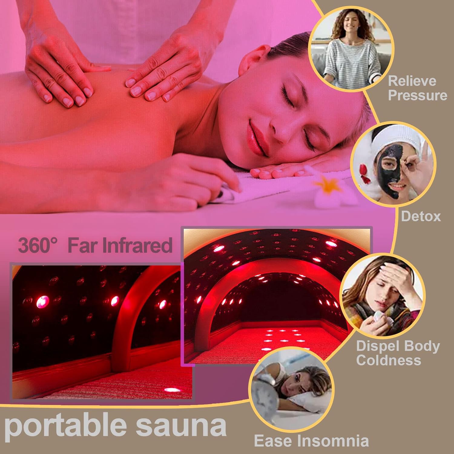 Sauna Con Cúpula De Infrarrojos Lejanos Para Spa Personal De Adelgazamiento Y Desintoxicación En El Hogar,Cápsula De Sauna Portátil Tumbado Cobertura Completa 360 ​​grados,Brown