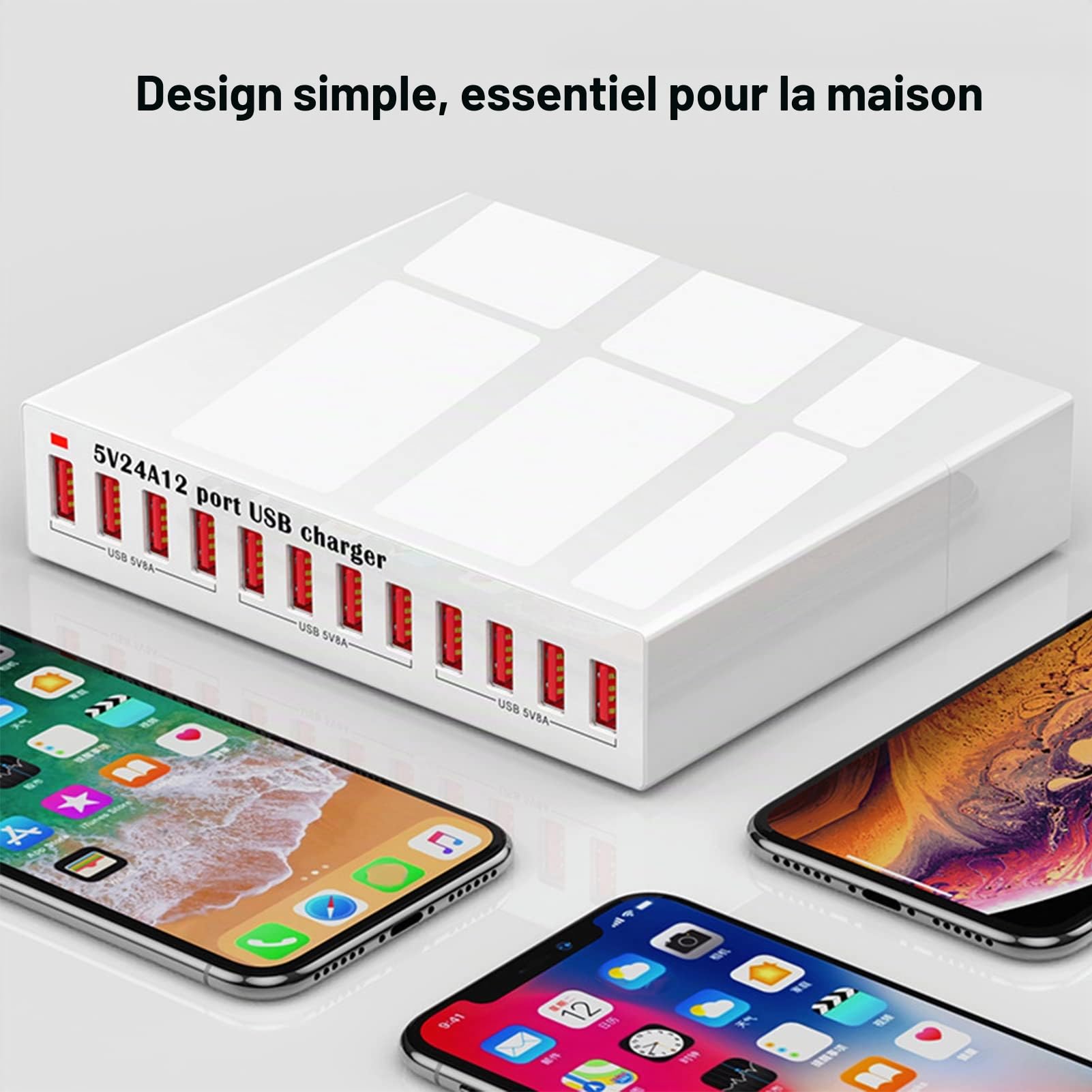 CCYLEZ Station de charge USB, Hub de charge USB à 12 ports avec voyant LED et charge rapide, prise de 120 W, prise de reconnaissance automatique, pour téléphone intelligent (prise UE)