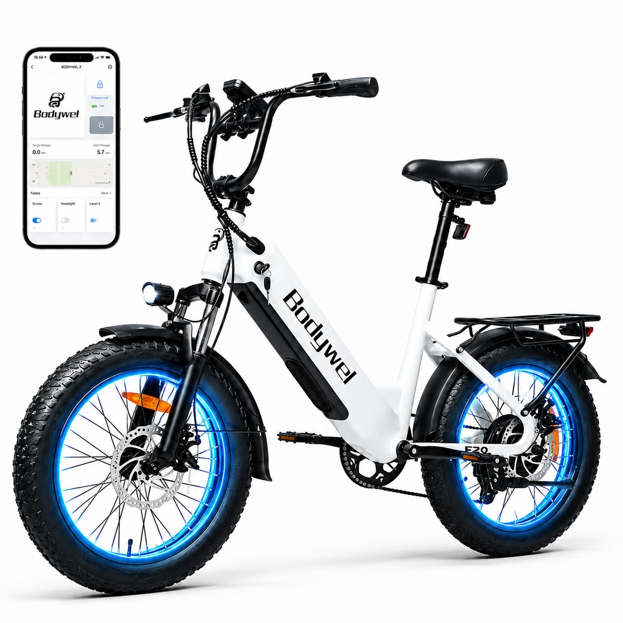 Bodywel F20 E-Bike Adulto 48V 15Ah Batteria 250W Motore 25 km/h, Bici Elettrica Fatbike 20 Pollici per Uomo e Donna, 7 Velocità, Display Smart APP, Freni a Disco 180mm, Portapacchi