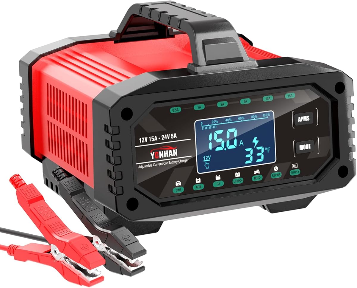 YONHAN 15A Battery Charger, Adjustable Current Car Battery Charger,12V/24V LiFePO4 Lead Acid Trickle Charger, Desulfator with Temperature Compensation for AGM, STD, Gel, Deep Cycle Batteries