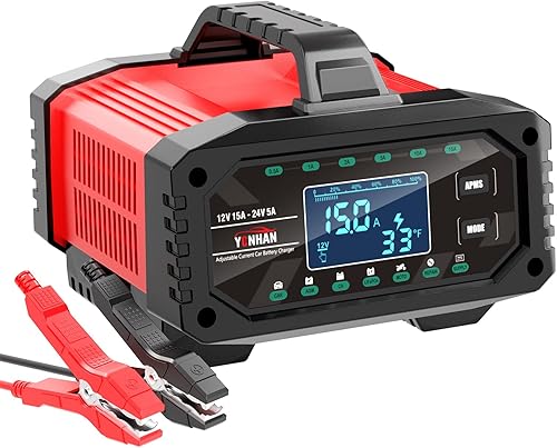 YONHAN Cargador de batería de 15 A, cargador de batería de automóvil de corriente ajustable, cargador de plomo LiFePO4 de 12 V24 V, desulfatador con