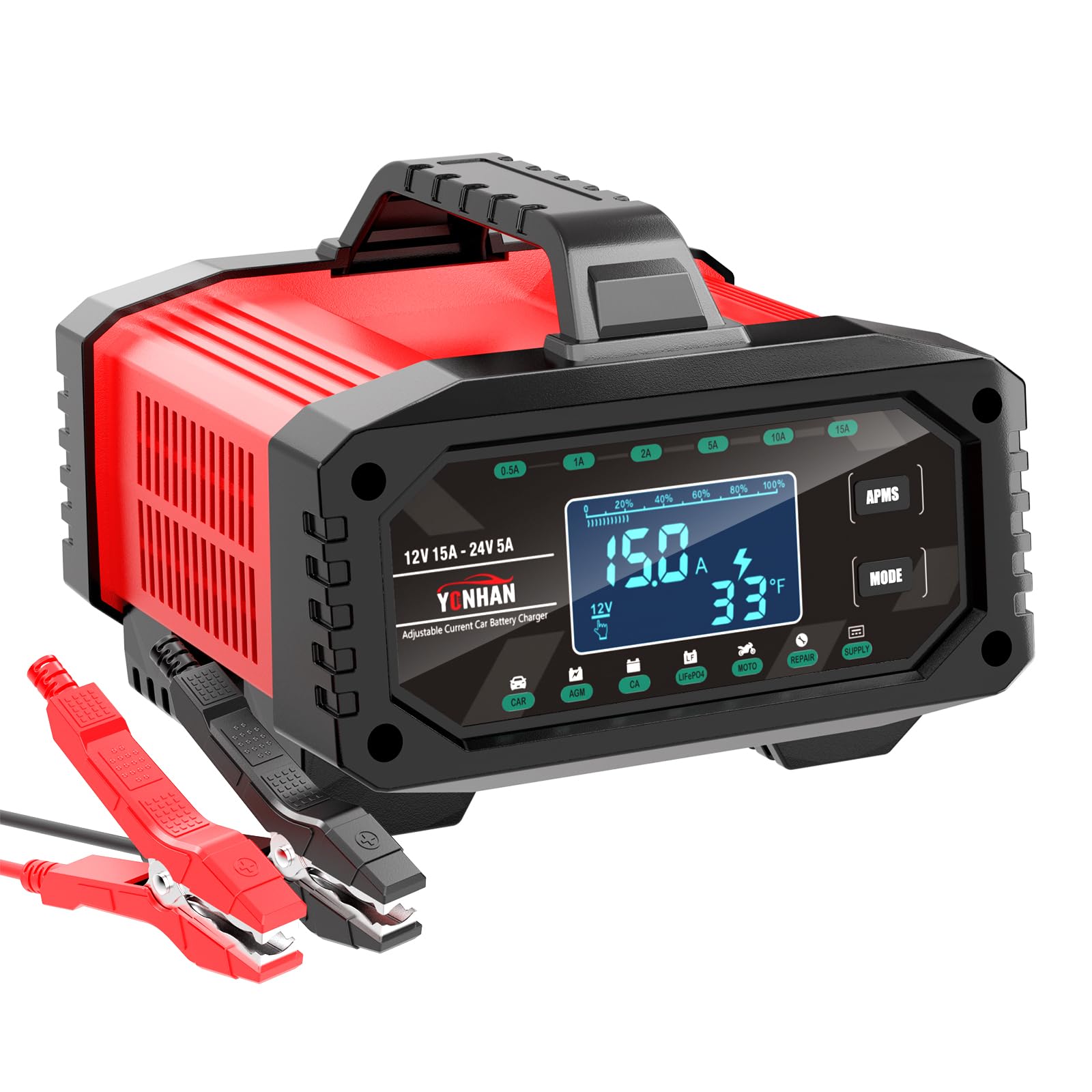 YONHAN - Cargador de batería inteligente de 15 amperios, 12 V y 24 V, completamente automático