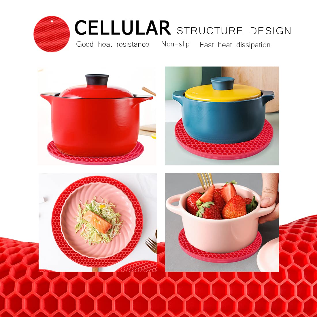 PTAPIPI Salvamanteles de Silicona (Pack de 2, Ø18cm) | Soporte para Ollas Calientes Resistente al Calor, Antideslizante y Lavavajillas (Rojo)
