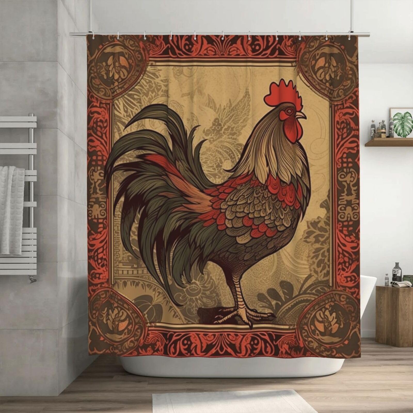 Rideau de douche coq 183x183 cm imperméable pour baignoire avec crochets