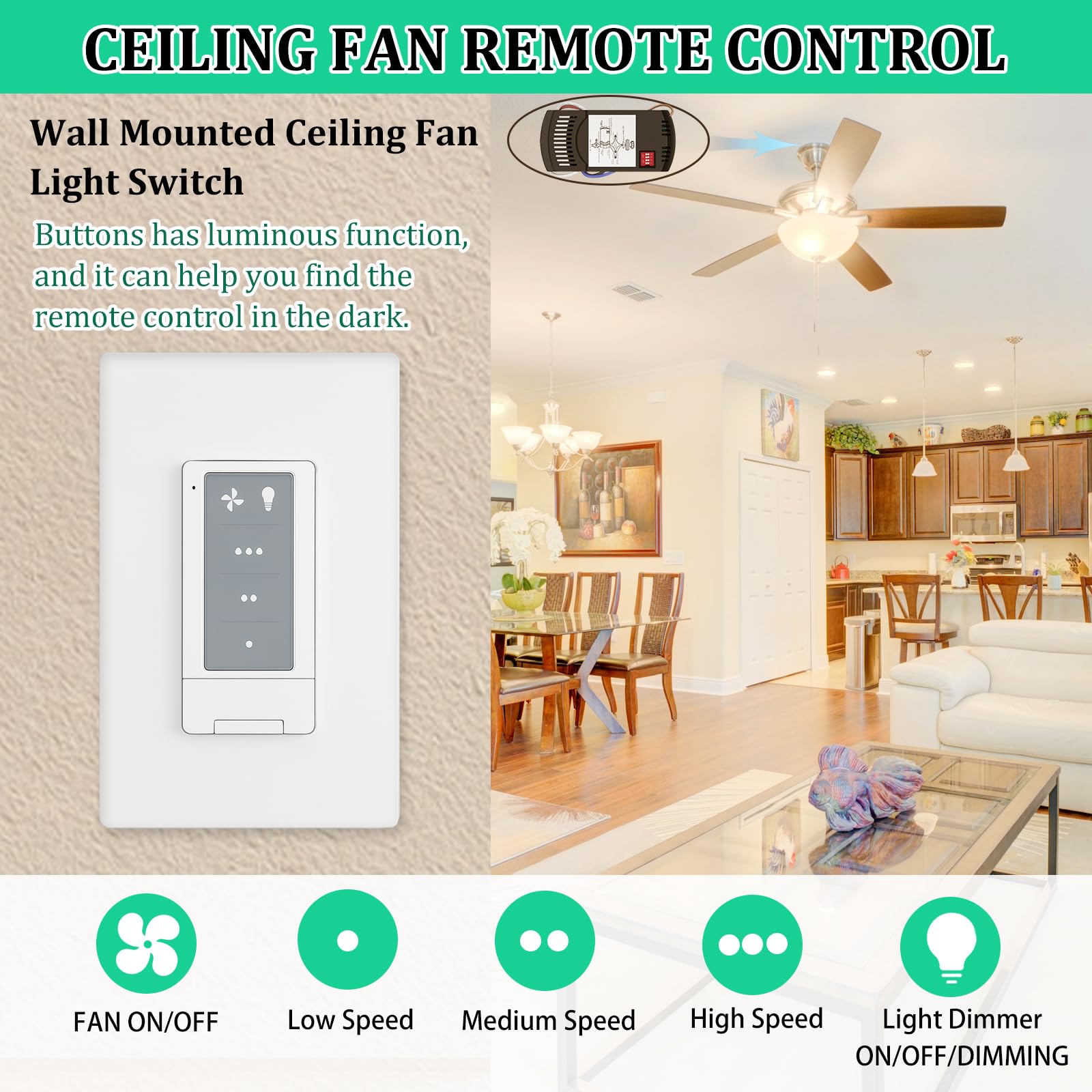 Kit di telecomando universale per ventilatore da soffitto con ricevitore, interruttore della luce a soffitto a 3 velocità, telecomando da parete con dimmer della luce, compatibile con Hampton Bay